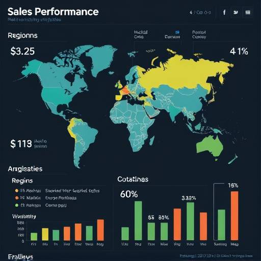 Geographic map displaying sales performance across different regions, identifying high-performing areas and areas for improvement.