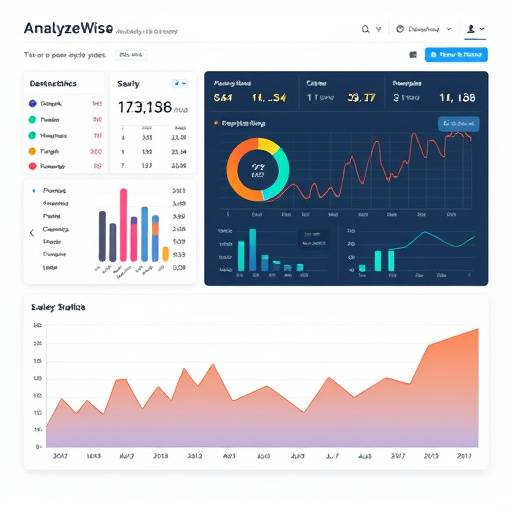 Screenshot of the AnalyzeWise dashboard with interactive charts displaying sales data, website traffic, and customer demographics